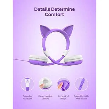 iClever HS01 Food Grade Kids Headphones with Microphone, 85/94dB Volume Control, Hello Kitty Cat Ear Headphones for Kids Boys Girls, Childrens Headphones for Online School/Travel/Tablet, Purple