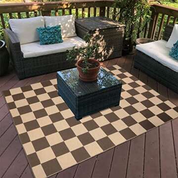 Checkered Cotton Outdoor Rug,5’X6.5’ Brown Retro Reversible Farmhouse Rug Moroccan Woven Washable Checkerboard Living Room Rug Patio Rug Farmhouse Carpet for Outside Bedroom
