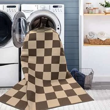 Checkered Cotton Outdoor Rug,5’X6.5’ Brown Retro Reversible Farmhouse Rug Moroccan Woven Washable Checkerboard Living Room Rug Patio Rug Farmhouse Carpet for Outside Bedroom