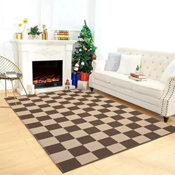 Checkered Cotton Outdoor Rug,5’X6.5’ Brown Retro Reversible Farmhouse Rug Moroccan Woven Washable Checkerboard Living Room Rug Patio Rug Farmhouse Carpet for Outside Bedroom