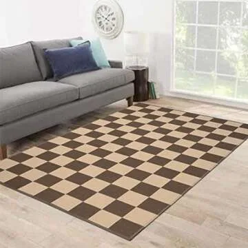 Checkered Cotton Outdoor Rug,5’X6.5’ Brown Retro Reversible Farmhouse Rug Moroccan Woven Washable Checkerboard Living Room Rug Patio Rug Farmhouse Carpet for Outside Bedroom