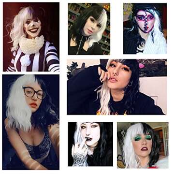 QACCF Short Wavy Shoulder Length Women Full Bang Heat Resistant Wig (Black and White)