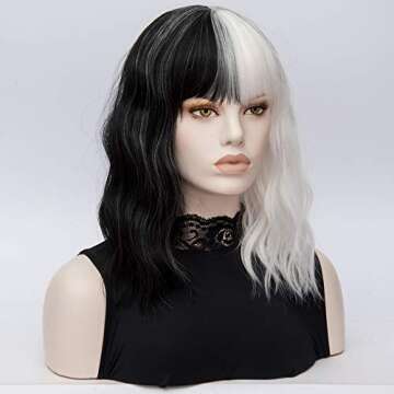 QACCF Short Wavy Shoulder Length Women Full Bang Heat Resistant Wig (Black and White)