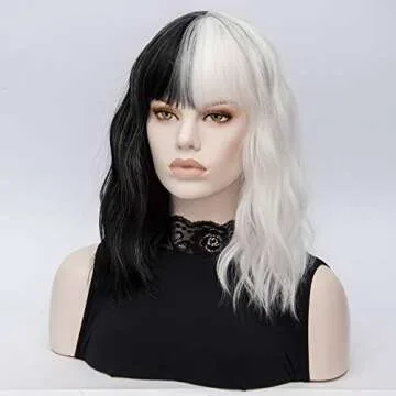 QACCF Short Wavy Shoulder Length Women Full Bang Heat Resistant Wig (Black and White)