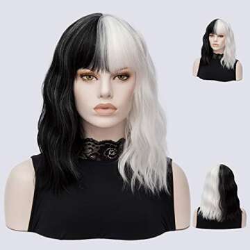 QACCF Short Wavy Shoulder Length Women Full Bang Heat Resistant Wig (Black and White)