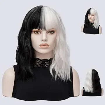 QACCF Short Wavy Shoulder Length Women Full Bang Heat Resistant Wig (Black and White)
