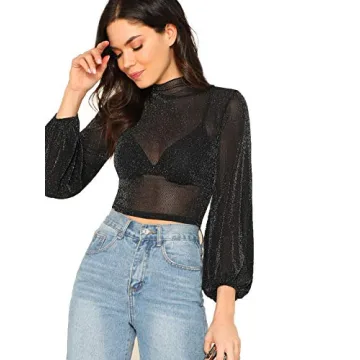 Glitter Sheer Mesh Crop Blouse for Elegant Style