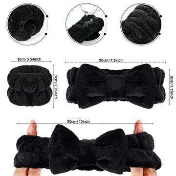 Hanaive 3 Pcs Face Wash Headband Wristband Set for Women Spa Bow Skincare Headband Soft Makeup Wrist Towel for Washing Face Hair Supplies(Black)