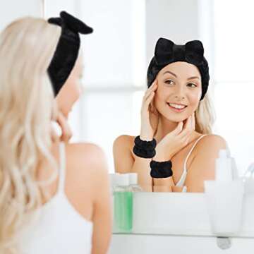 Hanaive 3 Pcs Face Wash Headband Wristband Set for Women Spa Bow Skincare Headband Soft Makeup Wrist Towel for Washing Face Hair Supplies(Black)