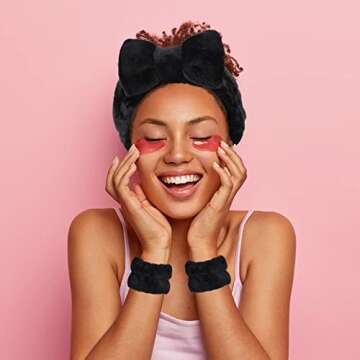 Hanaive 3 Pcs Face Wash Headband Wristband Set for Women Spa Bow Skincare Headband Soft Makeup Wrist Towel for Washing Face Hair Supplies(Black)