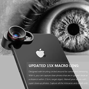 NELOMO Universal Professional HD Camera Lens Kit for iPhone XR XS X/8/7Plus/7/6sPlus/6s, Samsung S8+/S8 and other Cellphones (230¡ã Fisheye Lens, 0.65X Super Wide Angle Lens, 15X Super Macro Lens)