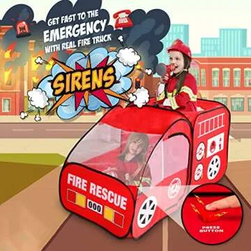 Kiddey Fire Truck Tent for Kids | Firetruck Play Tents with Sirens and Fireman Sounds for Girls, Boys, & Toddlers Gifts | Red Fire Engine Pop Up Playhouse with Costume | Indoor & Outdoor Baby Tent