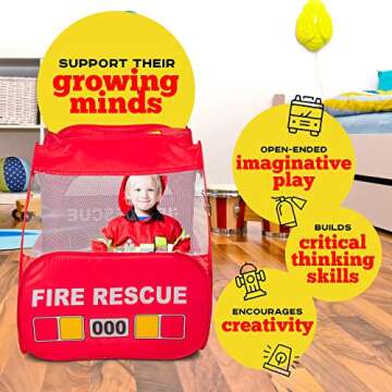 Kiddey Fire Truck Tent for Kids | Firetruck Play Tents with Sirens and Fireman Sounds for Girls, Boys, & Toddlers Gifts | Red Fire Engine Pop Up Playhouse with Costume | Indoor & Outdoor Baby Tent