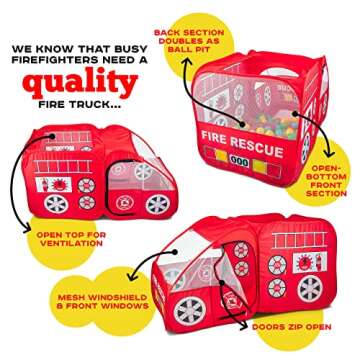 Kiddey Fire Truck Tent for Kids | Firetruck Play Tents with Sirens and Fireman Sounds for Girls, Boys, & Toddlers Gifts | Red Fire Engine Pop Up Playhouse with Costume | Indoor & Outdoor Baby Tent