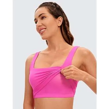 CRZ YOGA Butterluxe Womens Square Neck Longline Sports Bra - Workout Crop Tank Tops Padded Yoga Camisole with Built in Pads (Neon) Light Purple Small