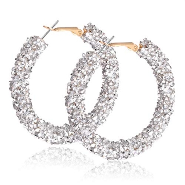 NLCAC Glitter Hoop Earrings Bohemian Sparkle Resin Rhinestone Wrapped Hoop Dangle Earrings for Women(C-silver)