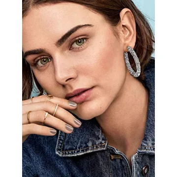 NLCAC Glitter Hoop Earrings Bohemian Sparkle Resin Rhinestone Wrapped Hoop Dangle Earrings for Women(C-silver)