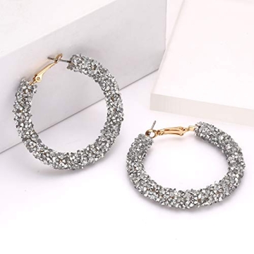 NLCAC Glitter Hoop Earrings Bohemian Sparkle Resin Rhinestone Wrapped Hoop Dangle Earrings for Women(C-silver)