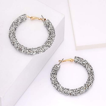 NLCAC Glitter Hoop Earrings Bohemian Sparkle Resin Rhinestone Wrapped Hoop Dangle Earrings for Women(C-silver)
