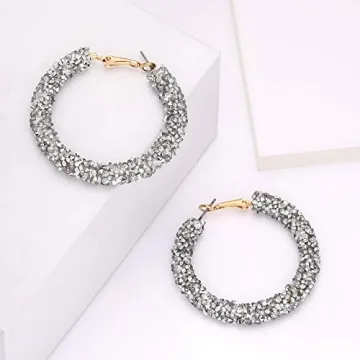 NLCAC Glitter Hoop Earrings Bohemian Sparkle Resin Rhinestone Wrapped Hoop Dangle Earrings for Women(C-silver)
