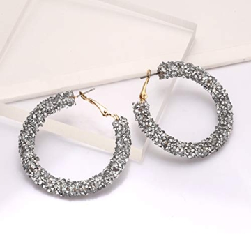 NLCAC Glitter Hoop Earrings Bohemian Sparkle Resin Rhinestone Wrapped Hoop Dangle Earrings for Women(C-silver)
