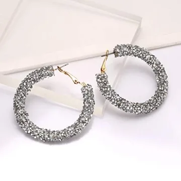 NLCAC Glitter Hoop Earrings Bohemian Sparkle Resin Rhinestone Wrapped Hoop Dangle Earrings for Women(C-silver)