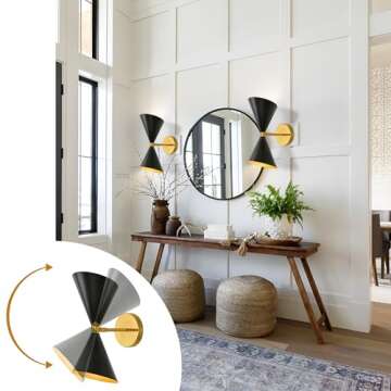 Merbotin Black Gold Wall Sconce, Mid Century Modern Sconce Wall Lighting, Industrial Black Wall Scon...