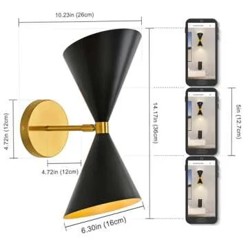 Merbotin Black Gold Wall Sconce, Mid Century Modern Sconce Wall Lighting, Industrial Black Wall Sconce Light Indoor, Hardwired Wall Lamp, Adjustable Wall Mount Light for Bathroom, Living Room, Bedroom
