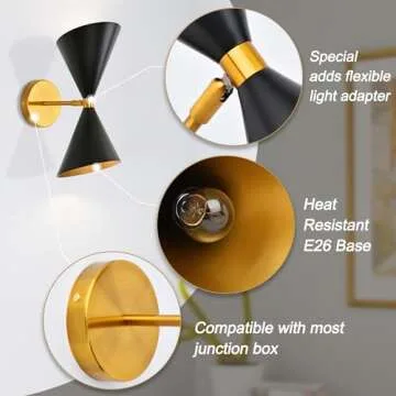 Merbotin Black Gold Wall Sconce, Mid Century Modern Sconce Wall Lighting, Industrial Black Wall Sconce Light Indoor, Hardwired Wall Lamp, Adjustable Wall Mount Light for Bathroom, Living Room, Bedroom