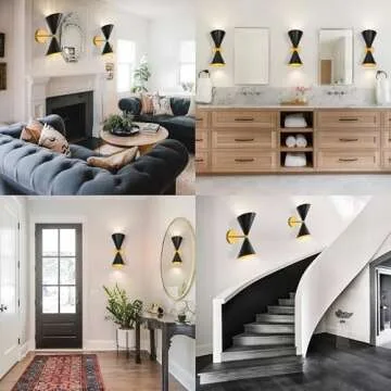 Merbotin Black Gold Wall Sconce, Mid Century Modern Sconce Wall Lighting, Industrial Black Wall Sconce Light Indoor, Hardwired Wall Lamp, Adjustable Wall Mount Light for Bathroom, Living Room, Bedroom