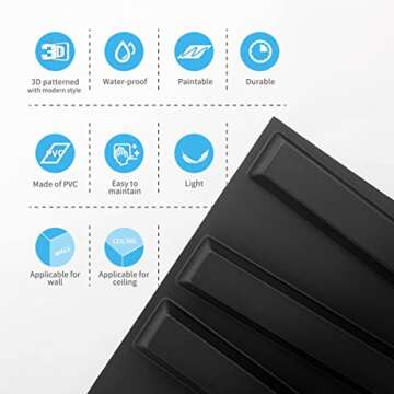 Art3d PVC Black Textured 3D Wall Panels for Interior Wall Decor in Living Room,Bedroom,Pack of 12 Tiles 32 Sq Ft
