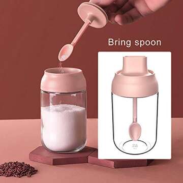 No/Brand Seasoning Box Set of 3 Spice Jars 8.45 oz Salt Sugar Glass Condiment Pots Transparent Storage Container with Spoon, Olive Oil Bottle with Brush, Sealed against moisture (Pink)