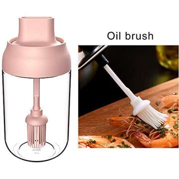 No/Brand Seasoning Box Set of 3 Spice Jars 8.45 oz Salt Sugar Glass Condiment Pots Transparent Storage Container with Spoon, Olive Oil Bottle with Brush, Sealed against moisture (Pink)