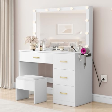 DWVO Makeup Vanity with Lighted Mirror, Vanity Desk with Power Strip, Adjustable Lighting, 4 Drawers...