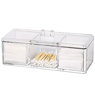 EOFJRUC Qtip Holder Cotton Ball and Swab Dispenser with Lid Clear Acrylic 3 Compartments Bathroom Ca...