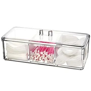 EOFJRUC Qtip Holder Dispenser with Lid | 3 Compartment Acrylic