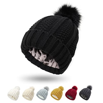 Stylish Satin Lined Winter Beanie Cable Knit Beanie for Women Silk Lining