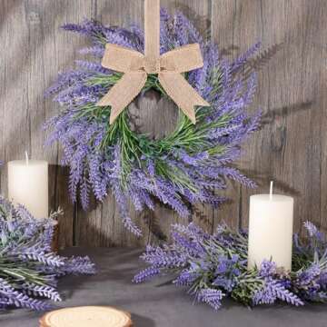 4 PCS Spring Wreath for Front Door Lavender Candle Ring Wreaths Mini Purple Table Centerpieces 9 Inc...