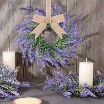 4 PCS Spring Wreath for Front Door Lavender Candle Ring Wreaths Mini Purple Table Centerpieces 9 Inc...