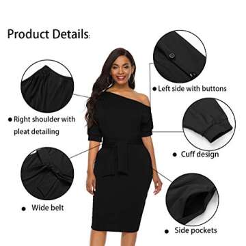 Nature Comfy Elegant Womens Wear to Work Casual one Shoulder Belted Pencil Dress with Pockets (XL, C...