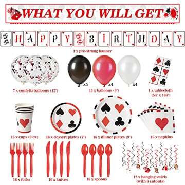 DECORLIFE Poker Party Decorations, Casino Theme Party Supplies Serves 16 Includes Tablecloth, Balloons, Banner, Hanging Swirls, Plates and Napkins, Total 146PCS