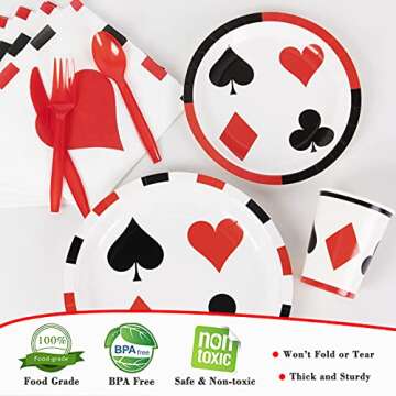 DECORLIFE Poker Party Decorations, Casino Theme Party Supplies Serves 16 Includes Tablecloth, Balloons, Banner, Hanging Swirls, Plates and Napkins, Total 146PCS