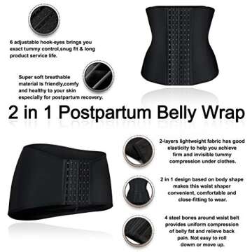BRABIC 2 in 1 Postpartum Belly Wrap Girdle Pelvis Belt Waist Trainer Tummy Control Shapewear for Women (Black, L)