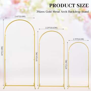 Tandefio 3 Sets Gold Metal Wedding Arch Arched Backdrop Stand and 3 Pcs Arch Cover 6ft/5ft/4ft Garden Arbor Frame Birthday Party Ceremony