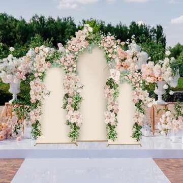 Tandefio 3 Sets Gold Metal Wedding Arch Arched Backdrop Stand and 3 Pcs Arch Cover 6ft/5ft/4ft Garden Arbor Frame Birthday Party Ceremony