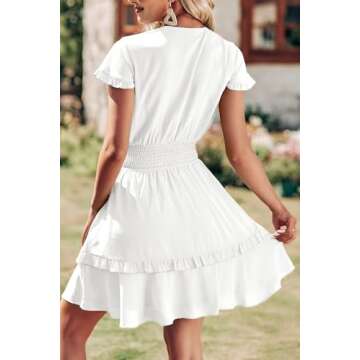 PRETTYGARDEN Women's 2024 Summer Swing Mini Dress V Neck Short Sleeve Ruffle Tiered Layer A-Line Short Bow Dress(White,Medium)