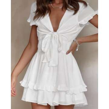 PRETTYGARDEN Women's 2024 Summer Swing Mini Dress V Neck Short Sleeve Ruffle Tiered Layer A-Line Short Bow Dress(White,Medium)