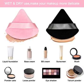 12 Pieces Cosmetic Powder Puff,2.76 inch Portable Soft Sponge Setting Face Puffs,Triangle Velvet Powder Puff with Ribbon Band Handle for Loose Powder Body Powder Makeup Tool(Black,Pink)