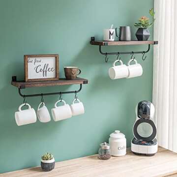 Mkono Mug Holder Wall Mounted Coffee Mug Rack Set of 2 Rustic Floating Shelf for Coffee Bar Accessor...