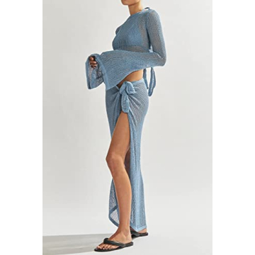 LANNEW Women's Swimsuits Cover Ups Set for Crochet Bathing Suit Hollow Out 2 Piece Bikini Coverup Beach Swimwear Blue